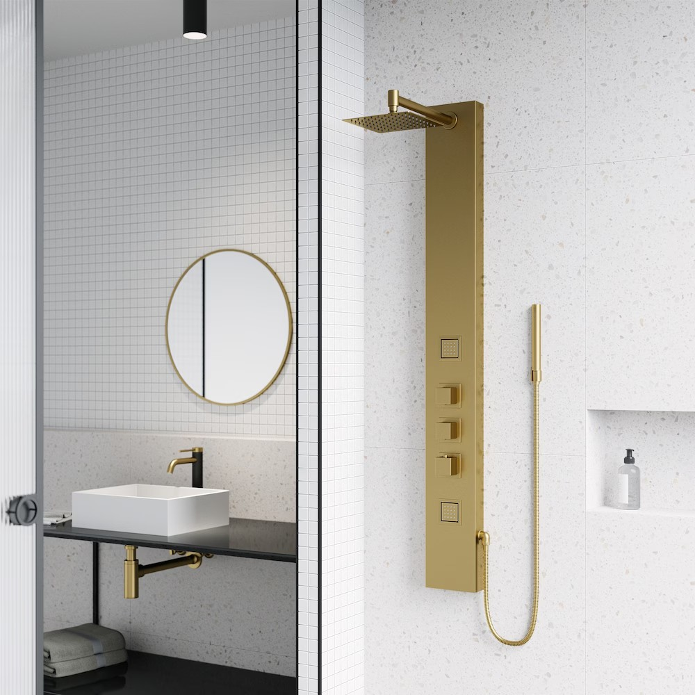 VIGO Rector 55" H x 6" W 2-Jet High Pressure Shower Panel System with Square Fixed Rain Shower Head, Handheld Shower Wand in Matte Brushed Gold