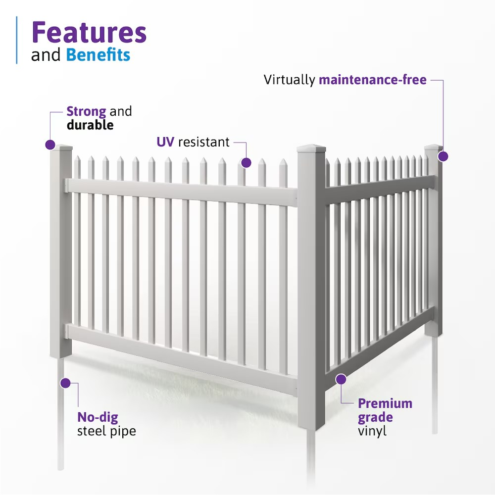 Wambam Traditional Nantucket No-Dig Permanent 4 ft. x 6 ft. Vinyl Picket Fence Panel with Post and Anchor Kit