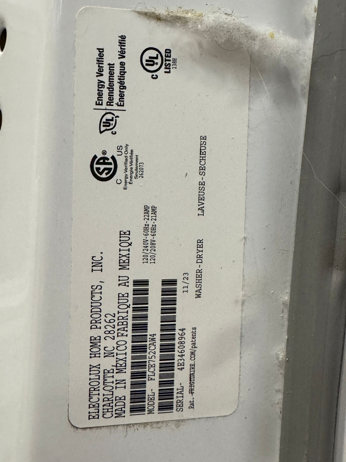 27"W Washer & Dryer Stacked Unit