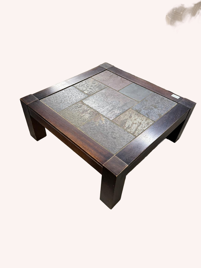 35.5"W Dark Wood Coffee Table With Slate Tile Top