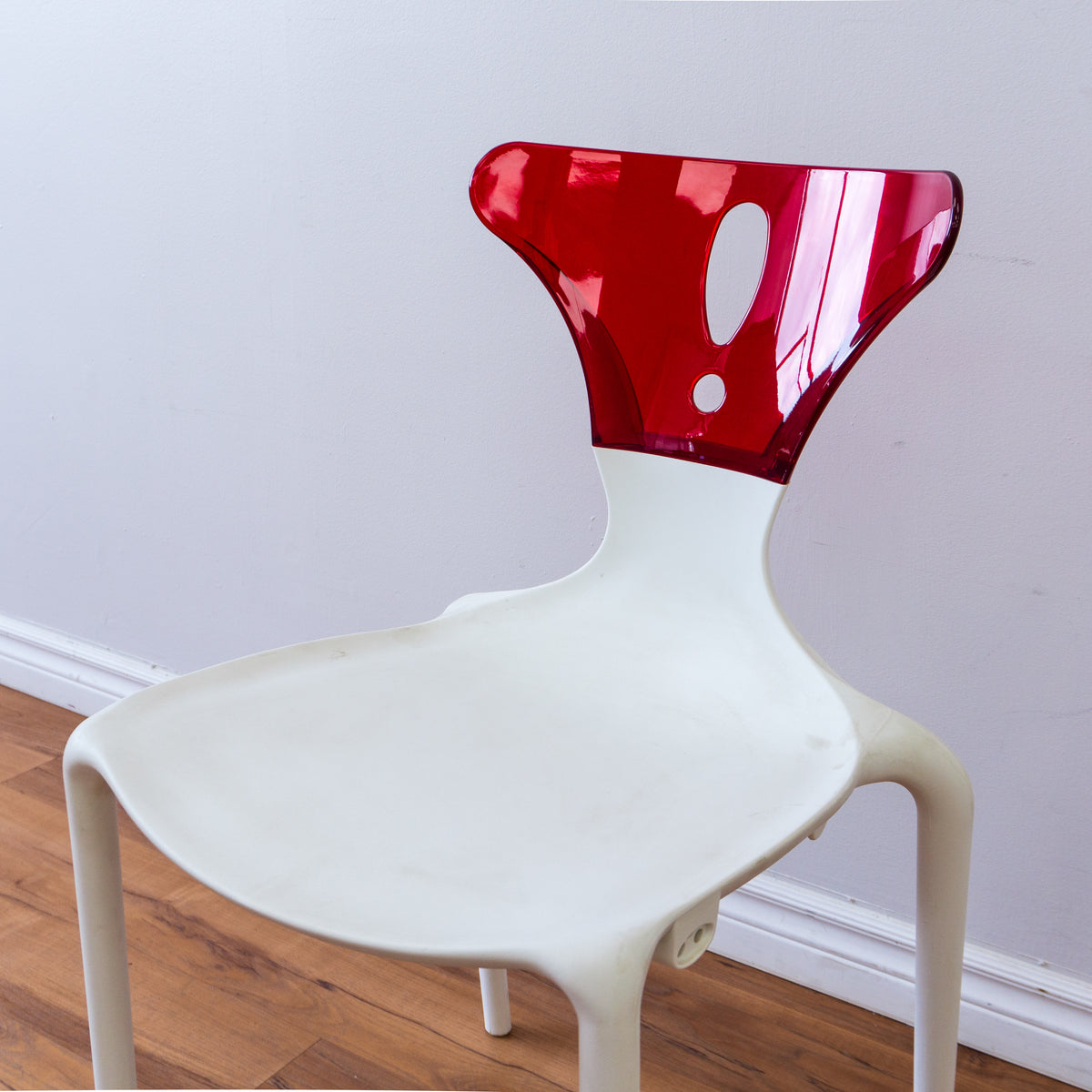 White Owen Chair with Red, Clear Acrylic Back Rest