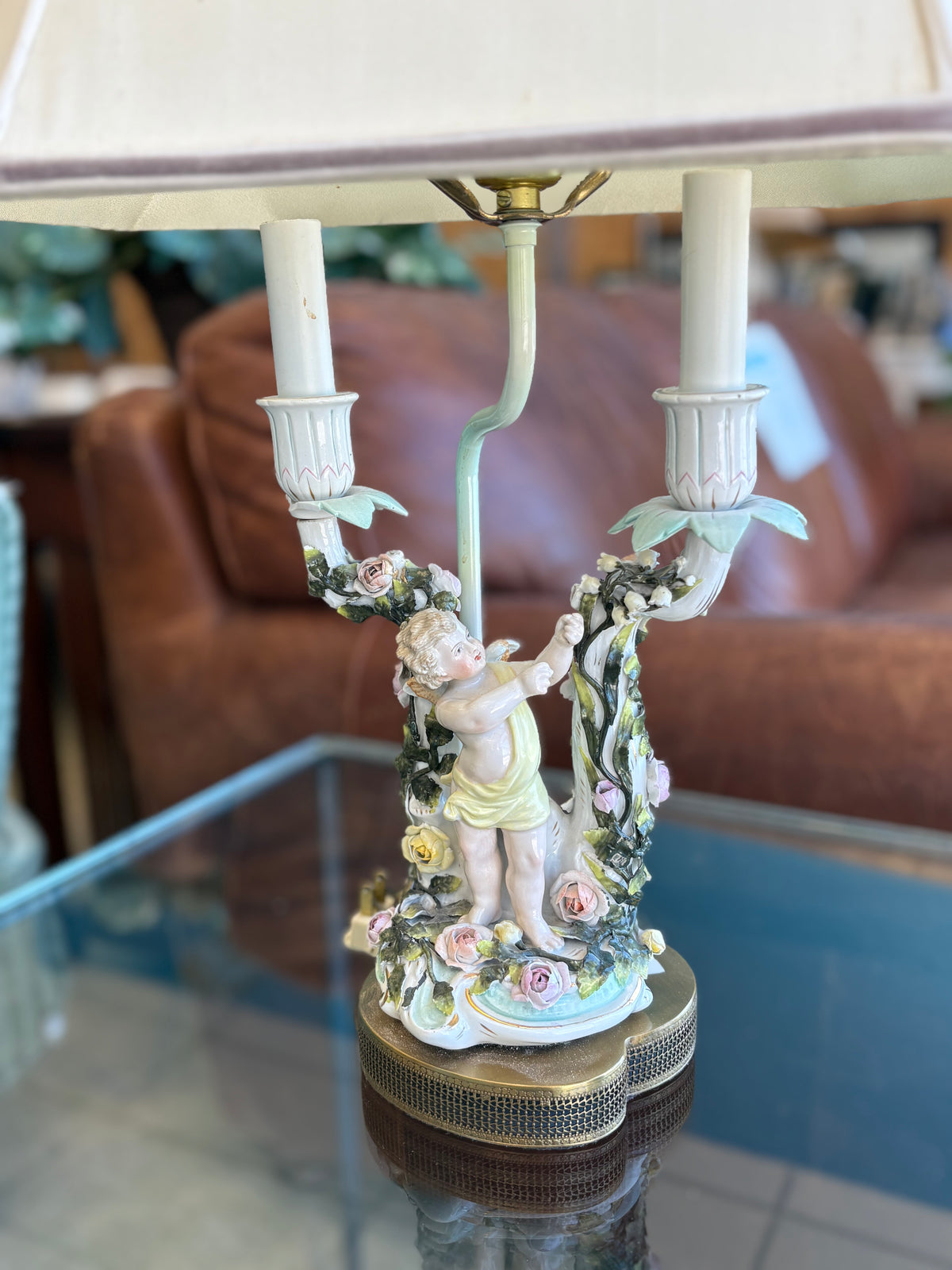 Yellow Cherub Antique Porcelain Lamp