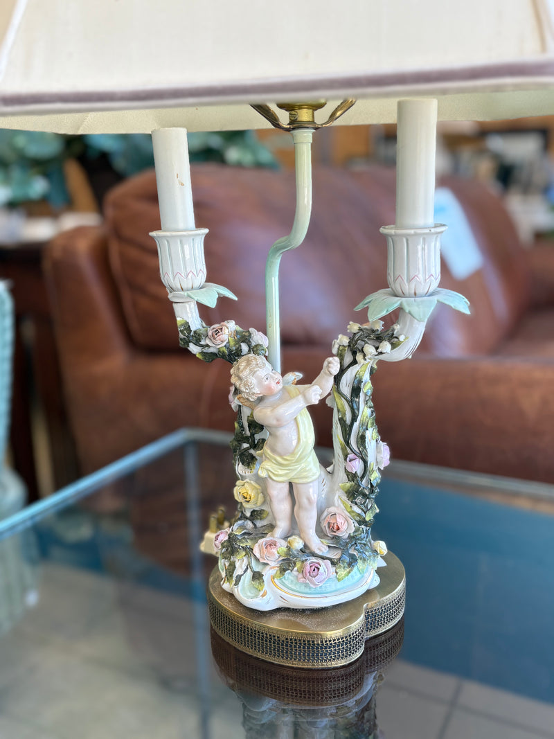 Yellow Cherub Antique Porcelain Lamp
