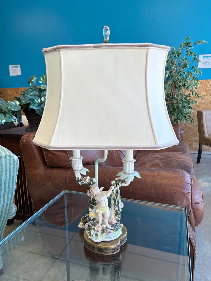 Yellow Cherub Antique Porcelain Lamp