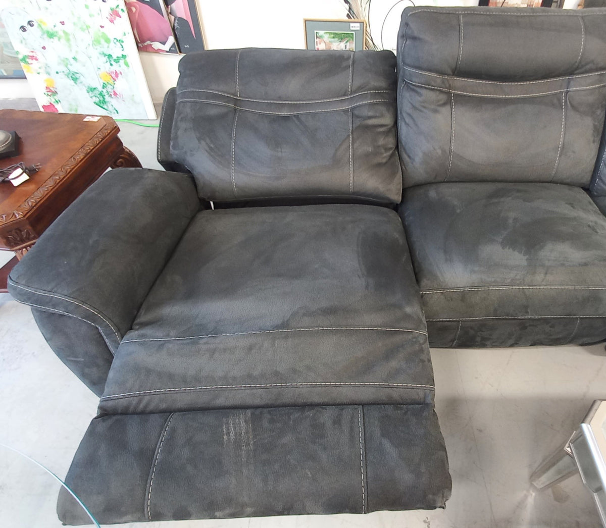 Floy 116.5" Faux Suede Power Reclining Sofa with Power Headrests and USB Ports - Grey