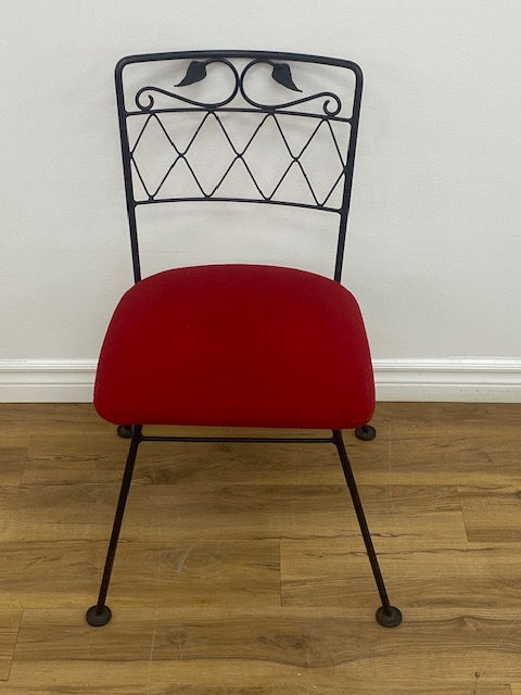 Vintage Cast Iron Dining Chair W/ Red Fabric Seat