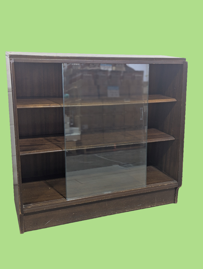 Slopping Bookcase/Credenza With Glass Sliding Doors