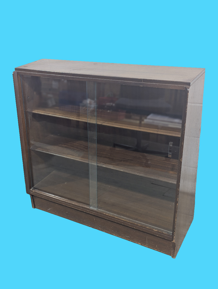 Slopping Bookcase/Credenza With Glass Sliding Doors