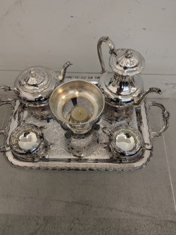 Silver Coffee And Tea Service With Creme, Sugar and Fondue Tray