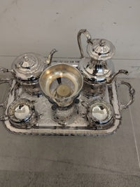 Silver Coffee And Tea Service With Creme, Sugar and Fondue Tray