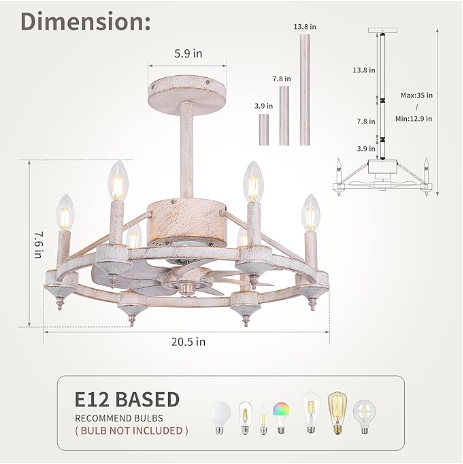 KINGTORO White "Fandelier" 20.5" Chandelier Ceiling Fan with Lights