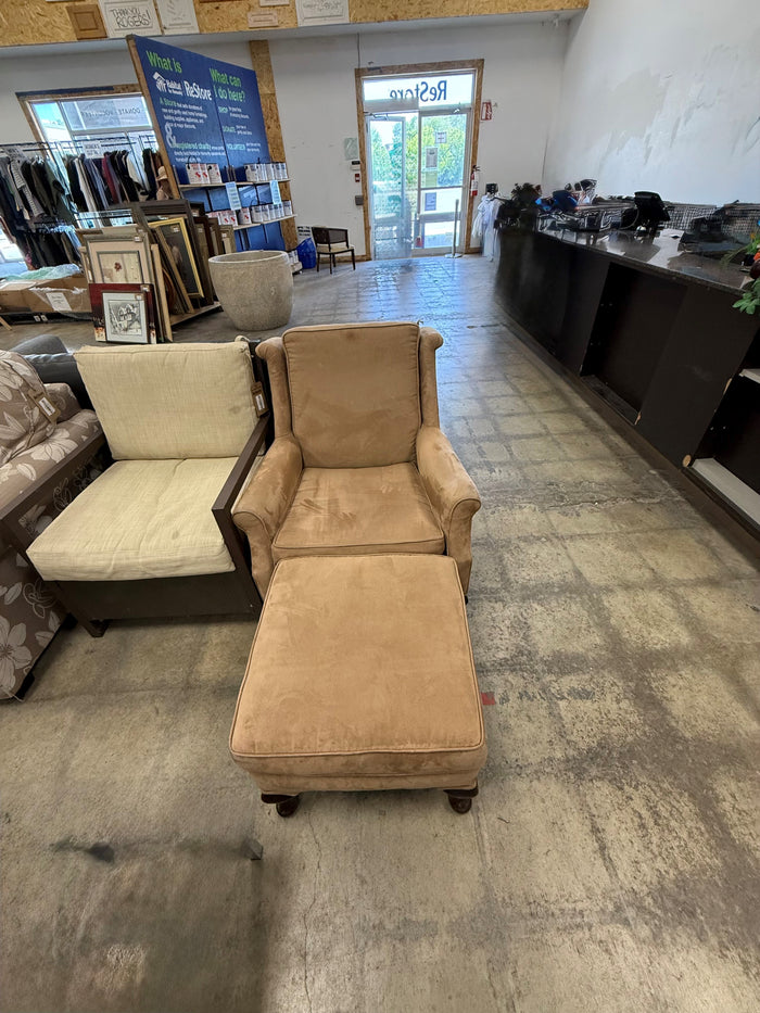 Beige Upholstered Armchair with Matching Ottoman