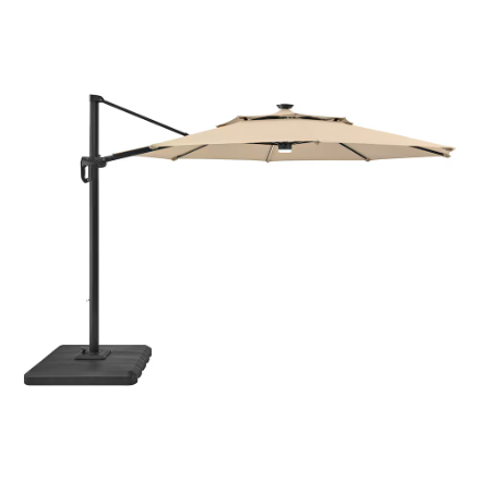 Hampton Bay 11 ft. Offset 360-Degree Rotation, Crank Patio Umbrella, Putty with Base and Lights