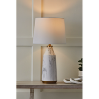 GlucksteinElements Selene 27.75-inch H Table Lamp with White Marble Ceramic Plated Gold Base and White Fabric Shade