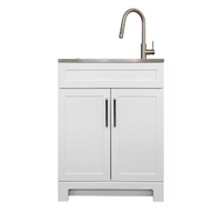 25" White Cabinet Vanity with Stainless Steel Single Deep Laundry Sink & Faucet