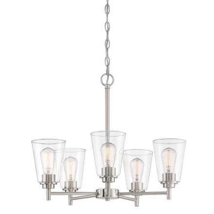 Hampton Bay Hampton Bay Montgomery 5-Light Brushed Nickel Modern Drum Candle-Style Steel Chandelier Clear Glass Shade