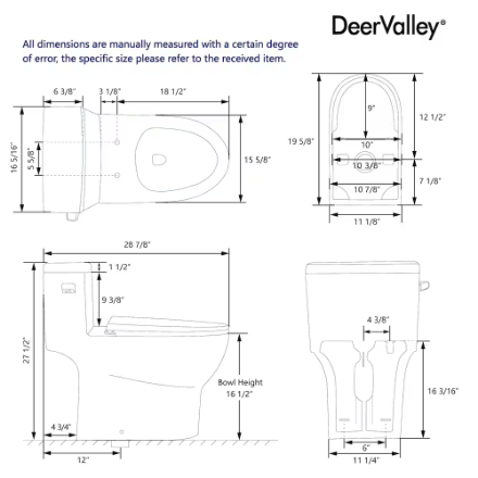 DeerValley 12 in. Rough In 1-Piece 1.28 GPF Single Flush 17 in. ADA Chair Height Elongated Toilet in White with Soft Close Seat