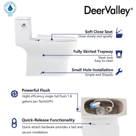 DeerValley 12 in. Rough In 1-Piece 1.28 GPF Single Flush 17 in. ADA Chair Height Elongated Toilet in White with Soft Close Seat