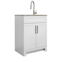 25" White Cabinet Vanity with Stainless Steel Single Deep Laundry Sink & Faucet