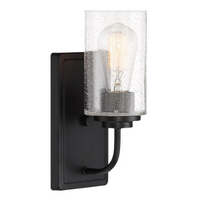 Hampton Bay 1-Light Matte Black Modern Industrial Wall Mount Sconce Light with Clear Seeded Glass Shade