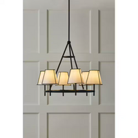 GlucksteinElements Windermere 6-Light Matte Black Morden Farmhouse Wagon Wheel Chandelier Tapered White Linen Shade