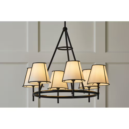 GlucksteinElements Windermere 6-Light Matte Black Morden Farmhouse Wagon Wheel Chandelier Tapered White Linen Shade