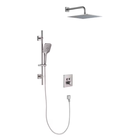 Glacier Bay Roan 12 in. Square 1-Spray & 4 in. 3-Spray Raincan Shower System with Slide Bar Kit in Brushed Nickel, Valve Included