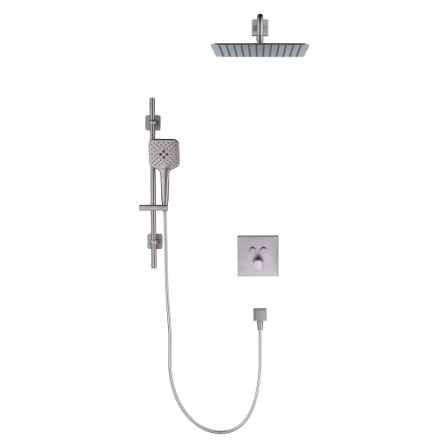 Glacier Bay Roan 12 in. Square 1-Spray & 4 in. 3-Spray Raincan Shower System with Slide Bar Kit in Brushed Nickel, Valve Included