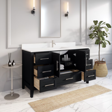 Art Bathe Houston 60 in W x 22 in D Black Vanity (Damaged Leg) with White Quartz Top with White Sink and Power Bar-Organizer