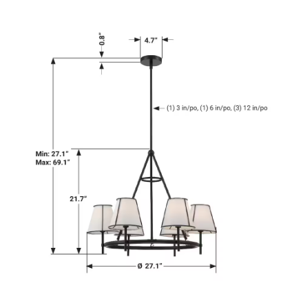 GlucksteinElements Windermere 6-Light Matte Black Morden Farmhouse Wagon Wheel Chandelier Tapered White Linen Shade