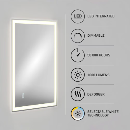 32x24in Rectangular Defog Dimmable Frameless Integrated LED Wall Mirror