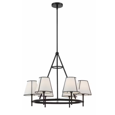 GlucksteinElements Windermere 6-Light Matte Black Morden Farmhouse Wagon Wheel Chandelier Tapered White Linen Shade