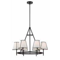 GlucksteinElements Windermere 6-Light Matte Black Morden Farmhouse Wagon Wheel Chandelier Tapered White Linen Shade