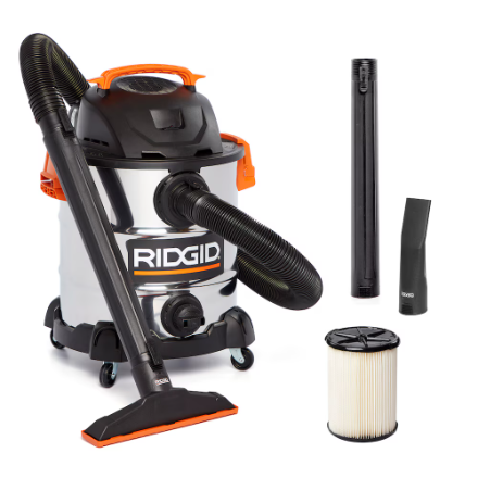 RIDGID 37.5L (10 Gal.) 6.0 Peak HP Stainless Steel Wet Dry Shop Vacuum with Filter, Hose and Accessories