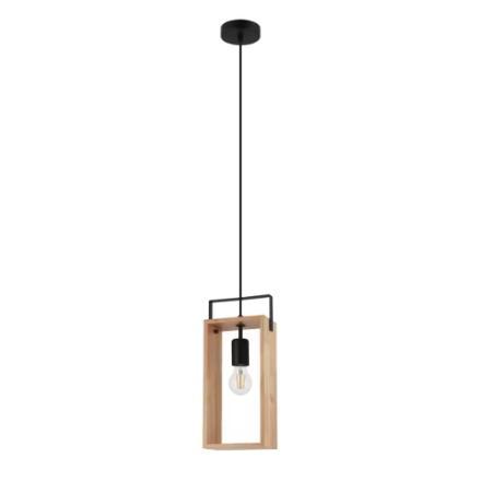 Eglo Famborough Pendant Light 1L, Black Finish with Natural Wood