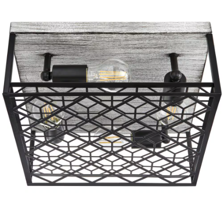 4-Light Black Metal & Faux Wood Square Cage Flushmount Ceiling Light