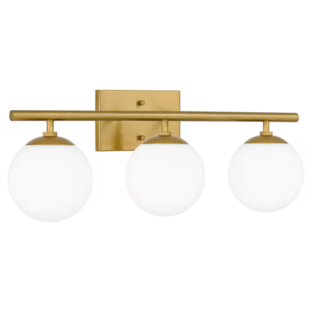 3-Light Bathroom Brushed Gold Vanity Light Mid-Century Etched Opal Glass Shade