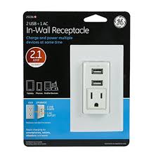 GE In-Wall USB Charger Receptacle, 2-USB + 1-AC, 2.1Amp/10-Watt