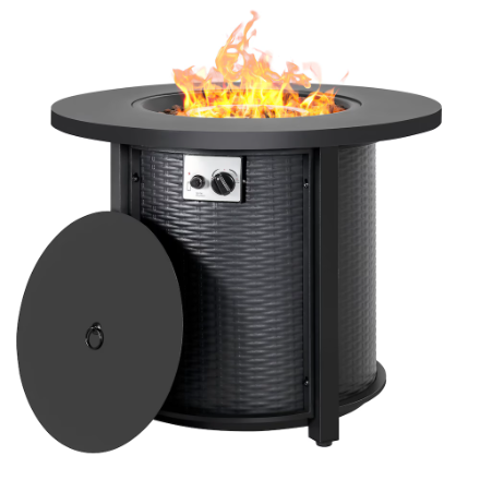 Nuu Garden 30 in. Round Metal Propane Gas Black Fire Pit Table with Lid and Lava Rocks, Rattan Embossed Pattern Side Panel