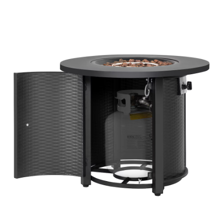 Nuu Garden 30 in. Round Metal Propane Gas Black Fire Pit Table with Lid and Lava Rocks, Rattan Embossed Pattern Side Panel