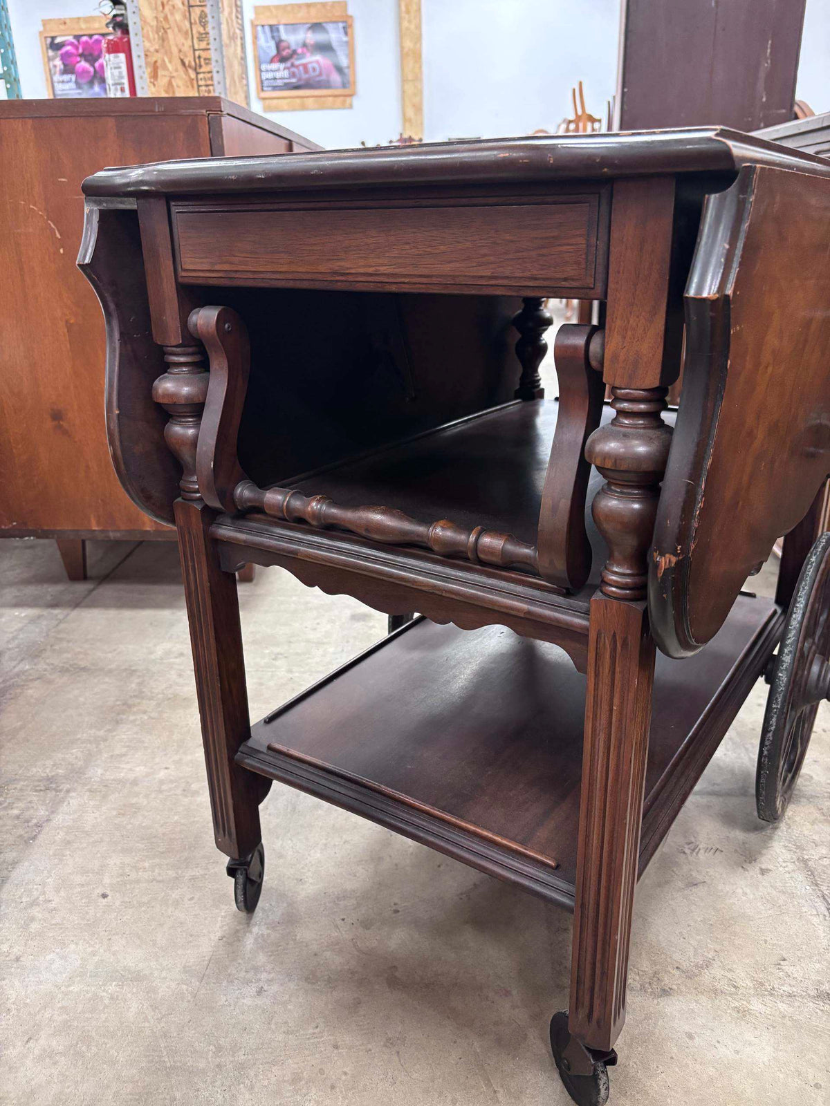 Antique Wooden Drop-Leaf Tea Cart