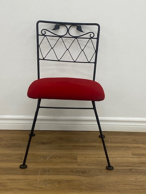 Vintage Cast Iron Dining Chair W/ Red Fabric Seat
