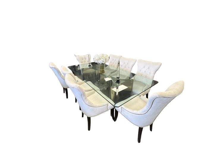Glass Dining Table with 8 White Leather Chairs
