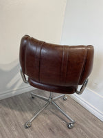 Set of 4 - Vintage Brown Leather Swivel Chairs with Wheels