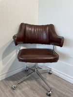Set of 4 - Vintage Brown Leather Swivel Chairs with Wheels