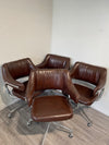 Set of 4 - Vintage Brown Leather Swivel Chairs with Wheels