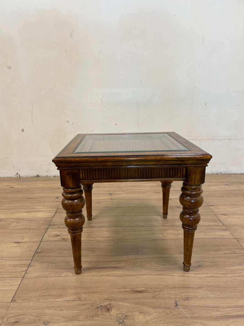 Wood And Wicker Side Table With Glass Insert
