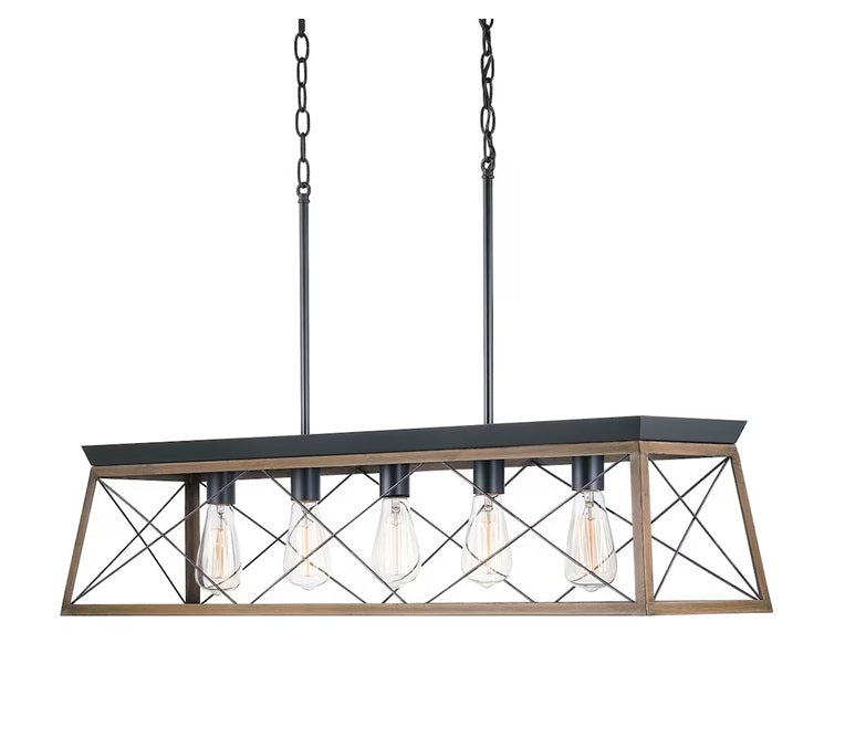 Progress Lighting Briarwood 5-Light Black Farmhouse Linear Chandelier with Faux-Painted Rich Oak Accents