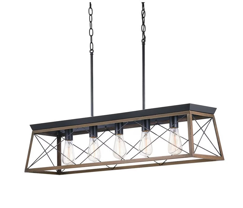 Progress Lighting Briarwood 5-Light Black Farmhouse Linear Chandelier with Faux-Painted Rich Oak Accents