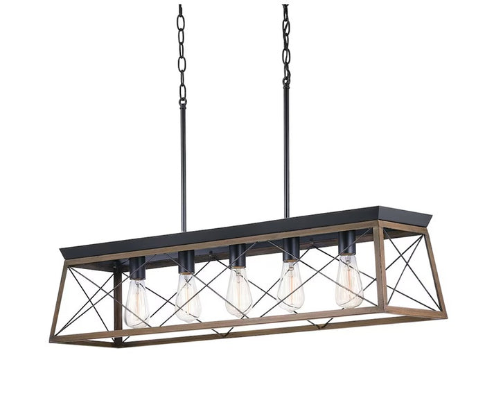 Progress Lighting Briarwood 5-Light Black Farmhouse Linear Chandelier with Faux-Painted Rich Oak Accents